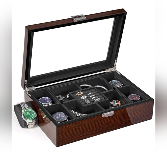 BEWISHOME Jewelry Box for Men with Glass Top, Wooden Watch Box Organizer - Picture 1 of 7